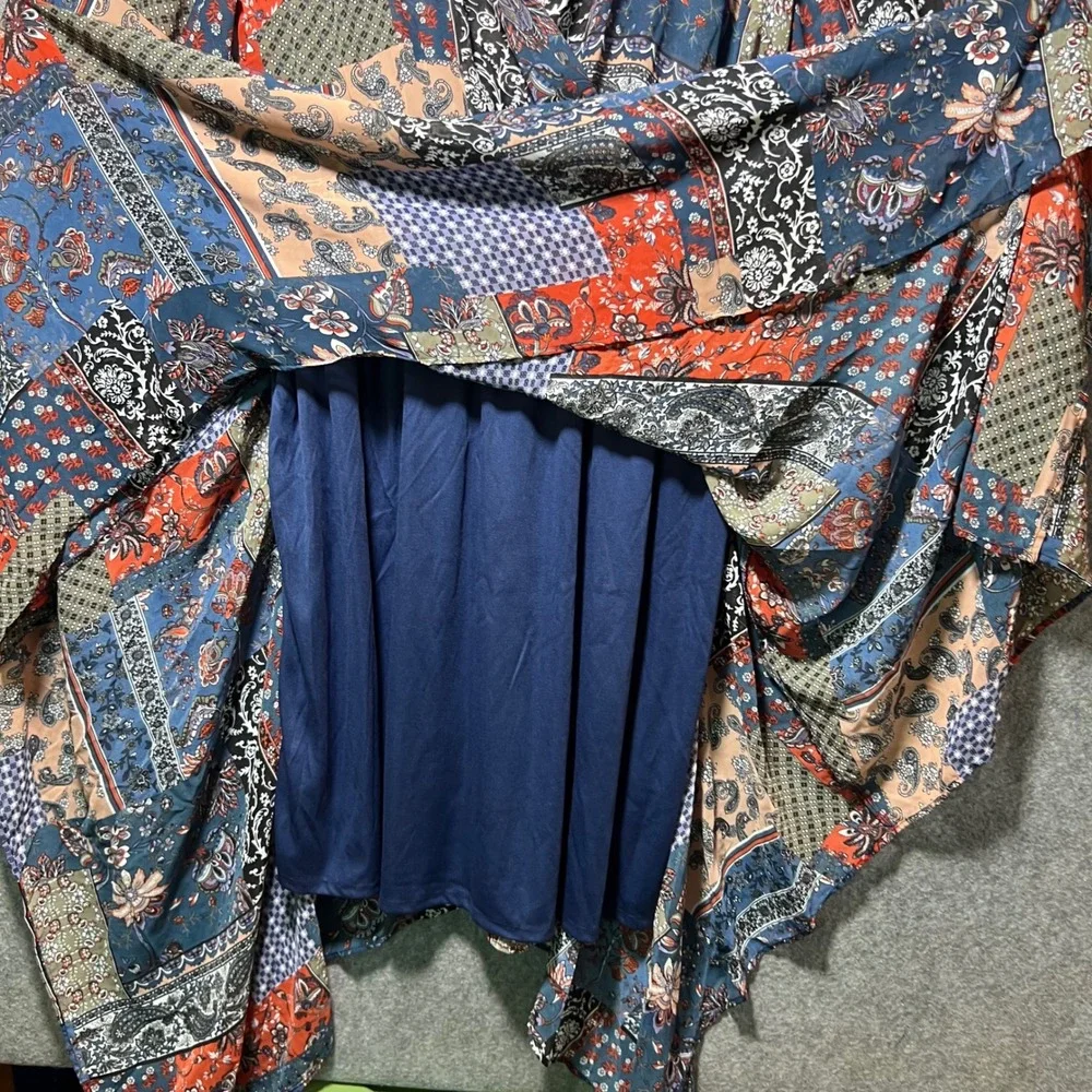 Indigo Rose‎ 3X Patchwork Dress Paisley Handkerchief Hem Blue Red Boho Peasant